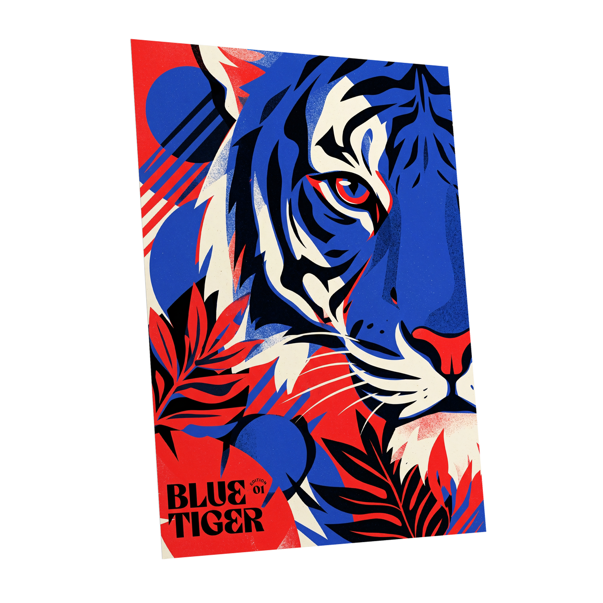 Electric Blue Tiger, blue, red, black nature wall art shown as a unframed poster wall art print