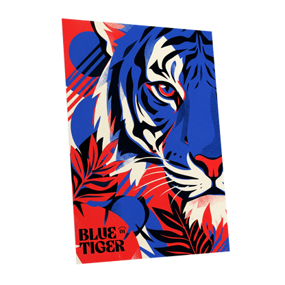 Electric Blue Tiger, blue, red, black nature wall art shown as a unframed poster wall art print