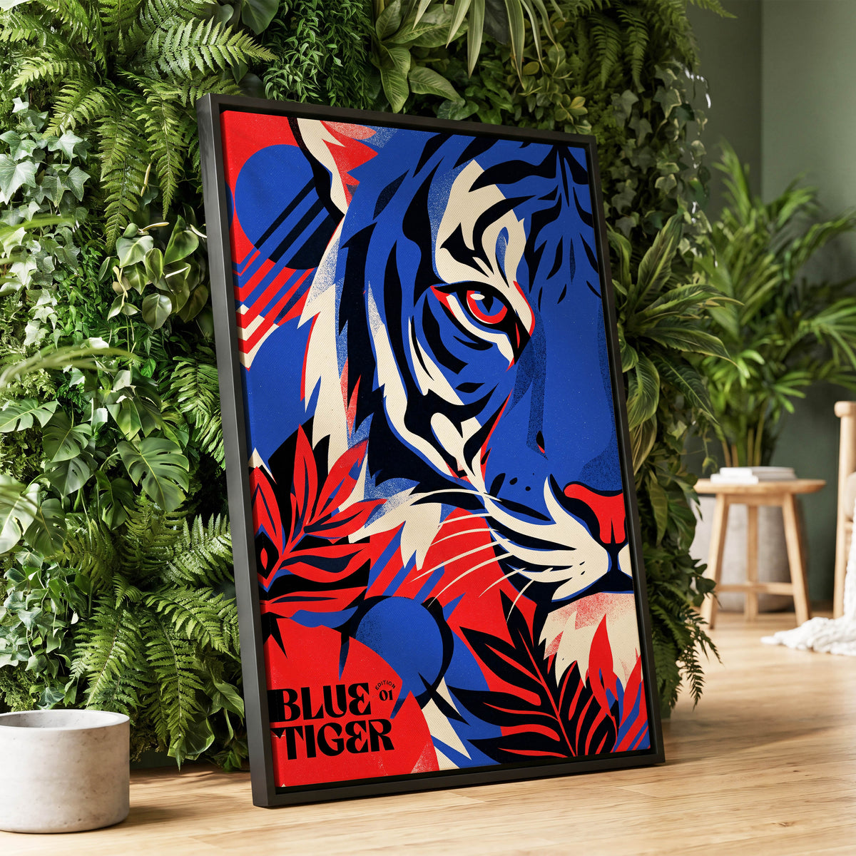 Electric Blue Tiger, blue, red, black nature wall art displayed in a styled interior, gallery view 1