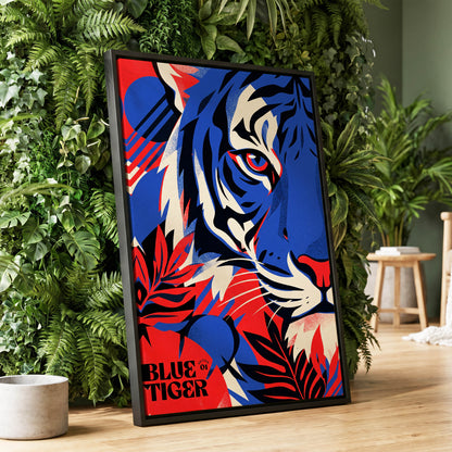 Electric Blue Tiger, blue, red, black nature wall art displayed in a styled interior, gallery view 1