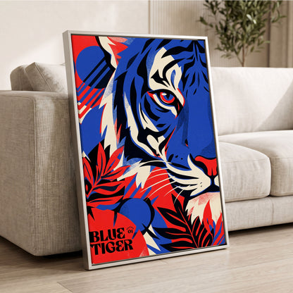 Electric Blue Tiger, blue, red, black nature wall art displayed in a styled interior, gallery view 2