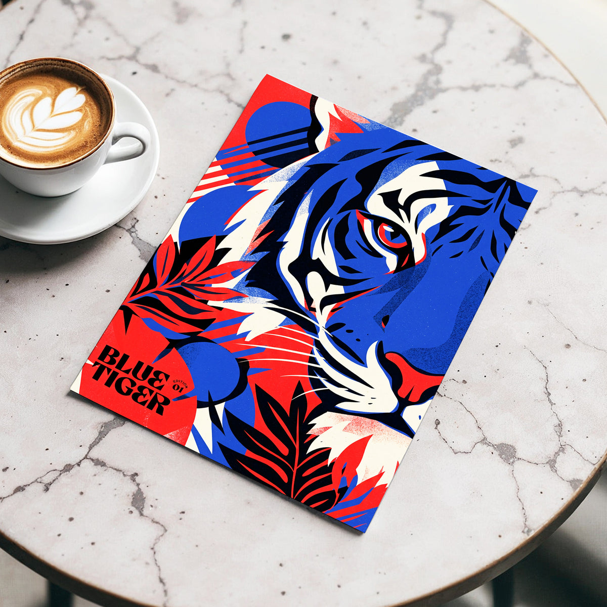 Electric Blue Tiger, blue, red, black nature wall art displayed in a styled interior, gallery view 3