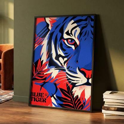 Electric Blue Tiger, blue, red, black nature wall art displayed in a styled interior, gallery view 4