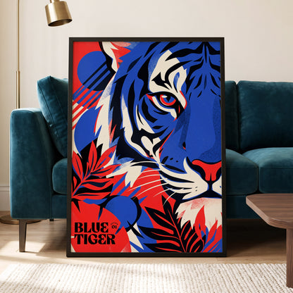Electric Blue Tiger, blue, red, black nature wall art displayed in a styled interior, gallery view 5