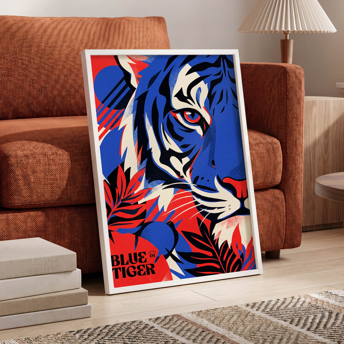 Electric Blue Tiger, blue, red, black nature wall art displayed in a styled interior, gallery view 6