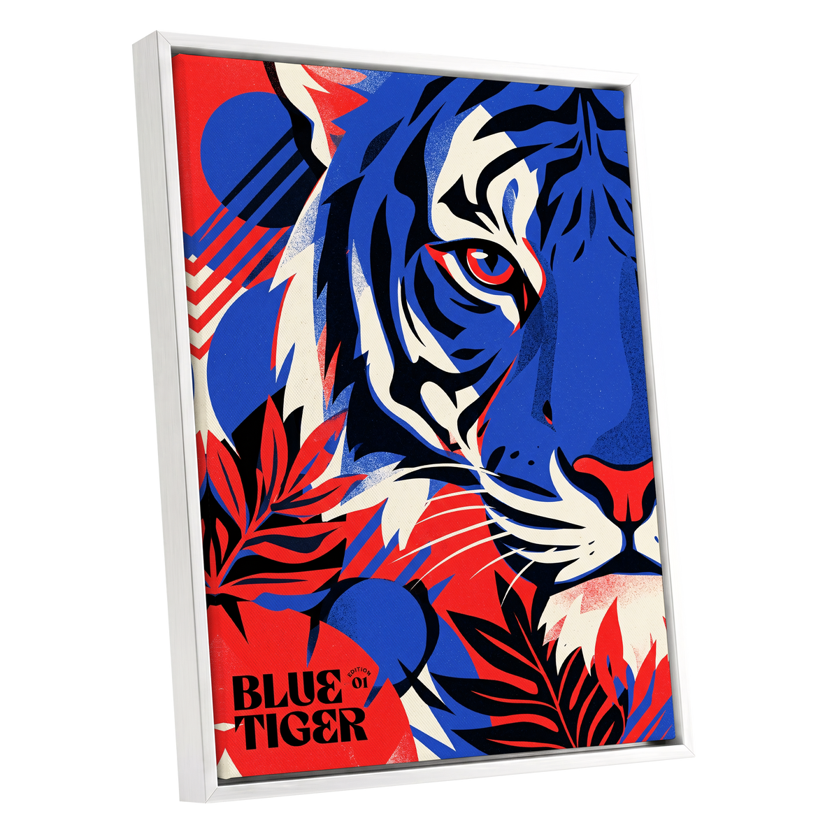 Electric Blue Tiger, blue, red, black nature wall art shown as a white framed canvas wall art