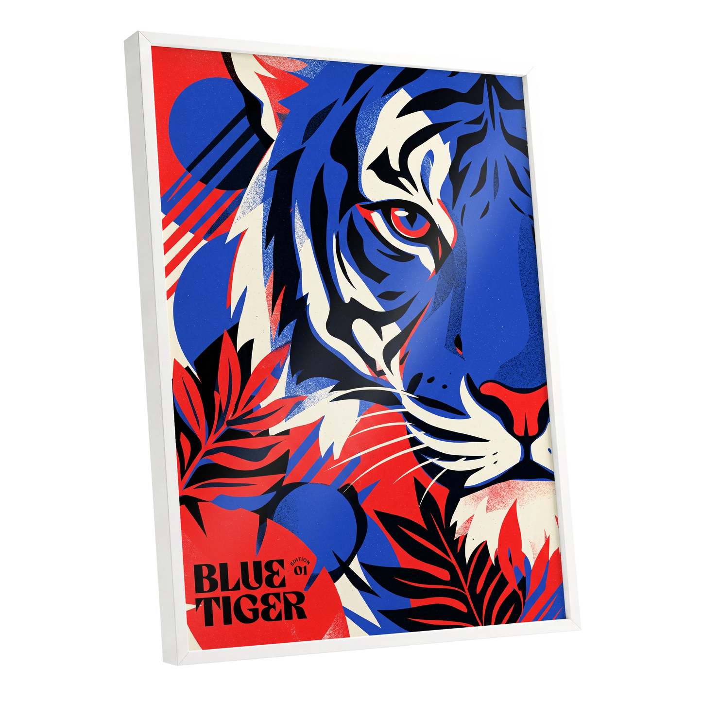 Electric Blue Tiger, blue, red, black nature wall art shown as a white framed poster wall art print