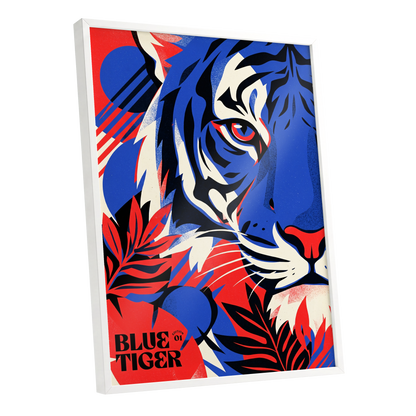 Electric Blue Tiger, blue, red, black nature wall art shown as a white framed poster wall art print