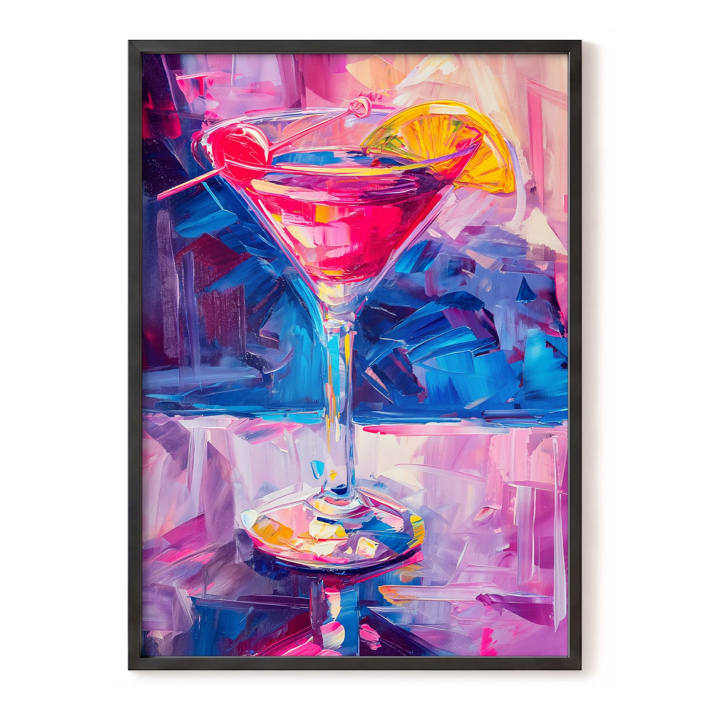 Electric Citrus Cocktail, pink, blue, purple abstract wall art, front artwork view