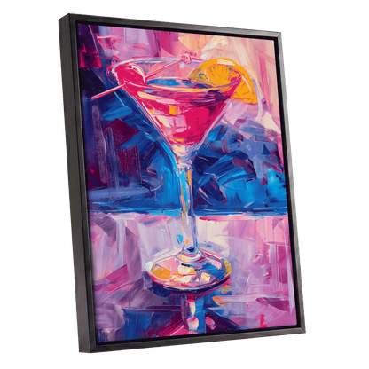 Electric Citrus Cocktail, pink, blue, purple abstract wall art shown as a black framed canvas wall art