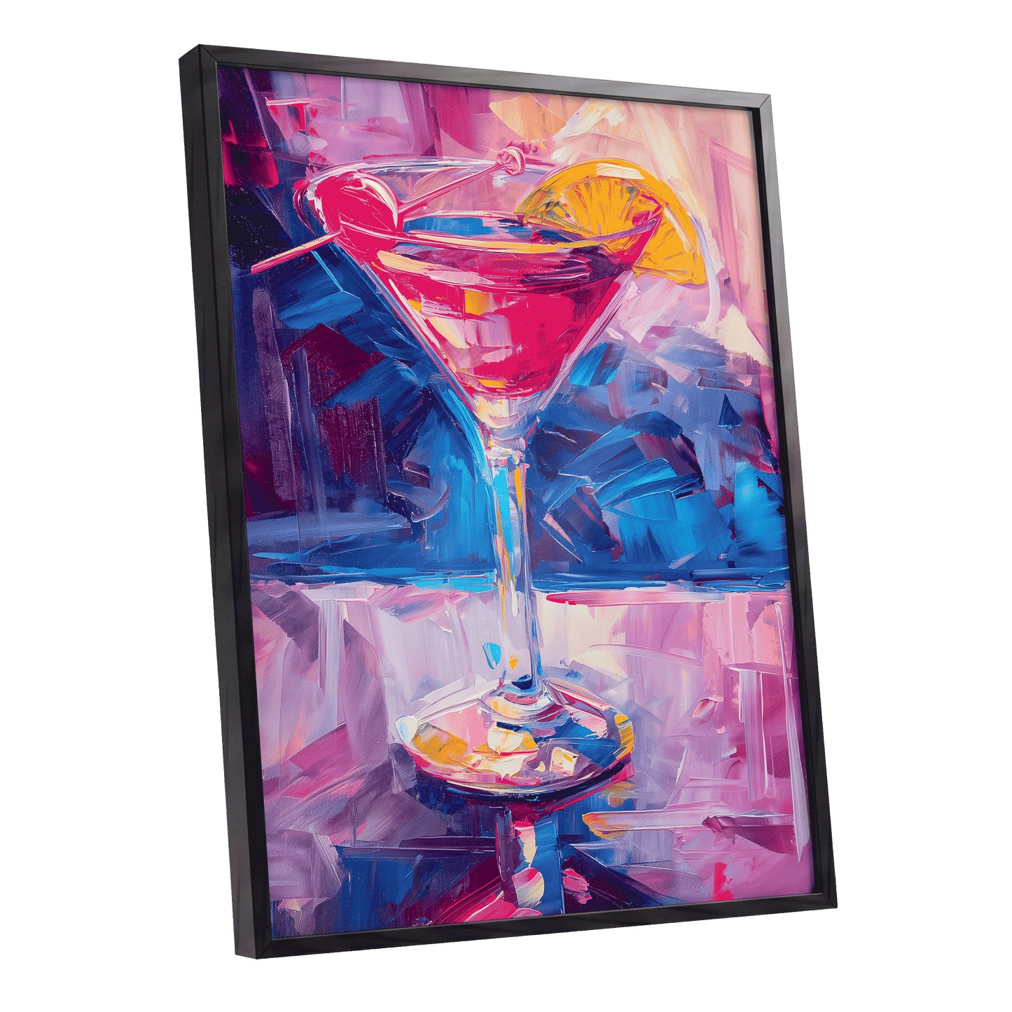 Electric Citrus Cocktail, pink, blue, purple abstract wall art shown as a black framed poster wall art print