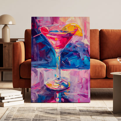 Electric Citrus Cocktail, pink, blue, purple abstract wall art on canvas displayed in a styled interior, gallery view 1
