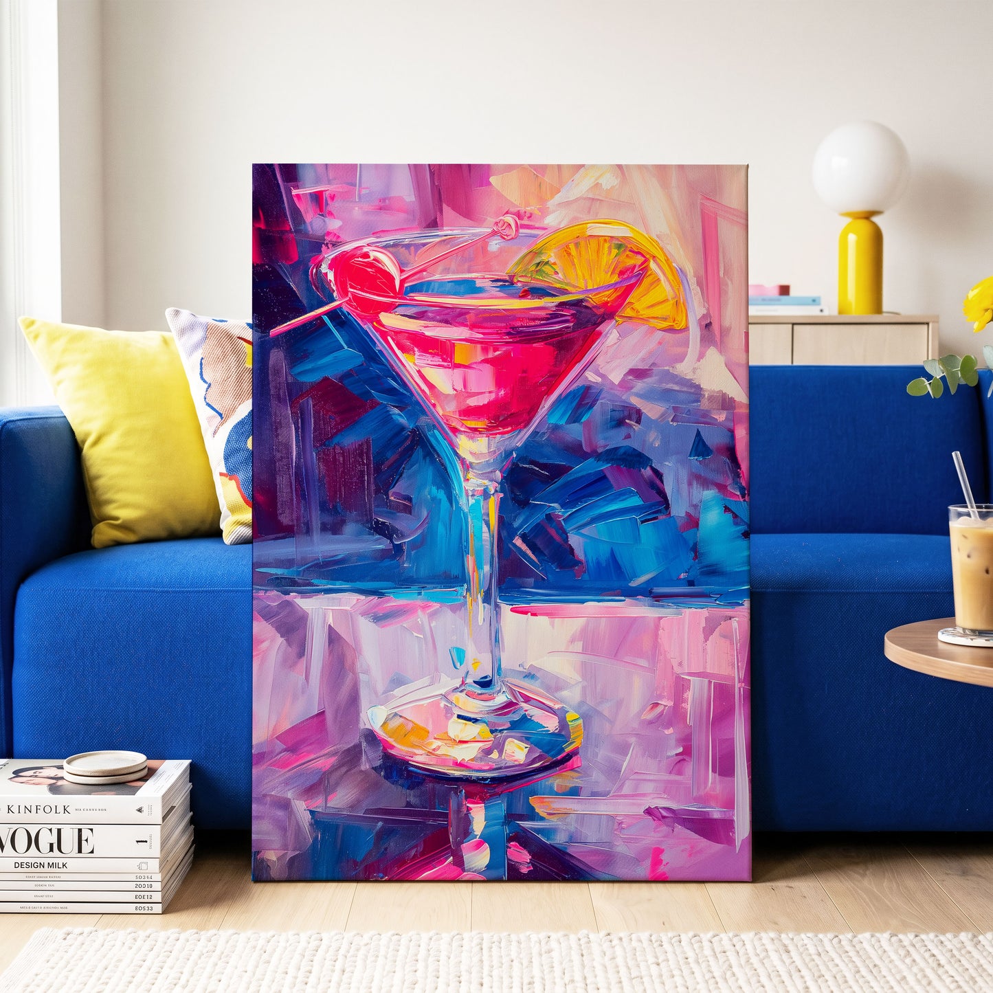 Electric Citrus Cocktail, pink, blue, purple abstract wall art on canvas displayed in a styled interior, gallery view 2