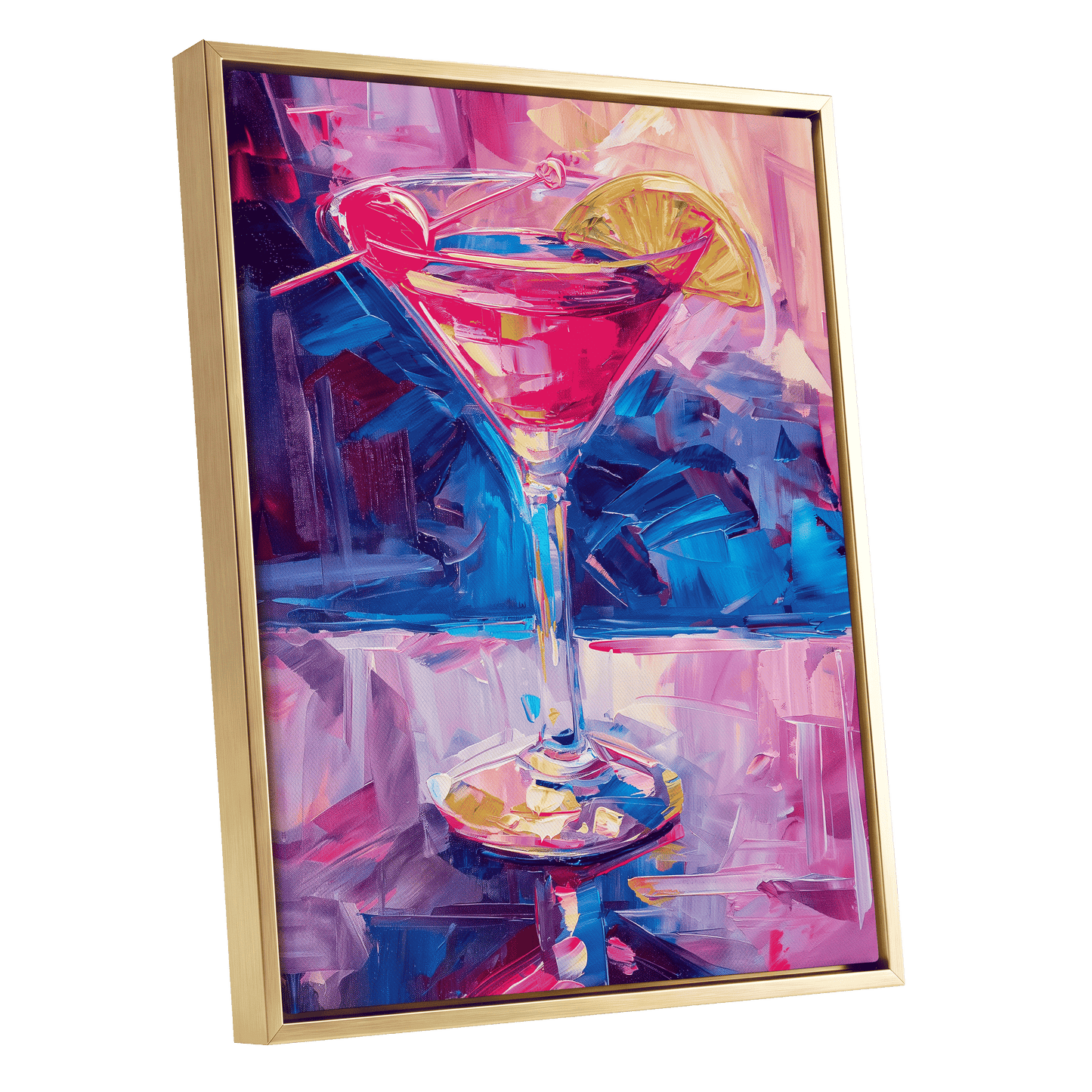 Electric Citrus Cocktail, pink, blue, purple abstract wall art shown as a gold framed canvas wall art