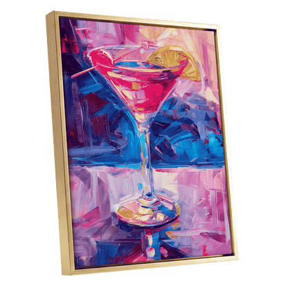 Electric Citrus Cocktail, pink, blue, purple abstract wall art shown as a gold framed canvas wall art