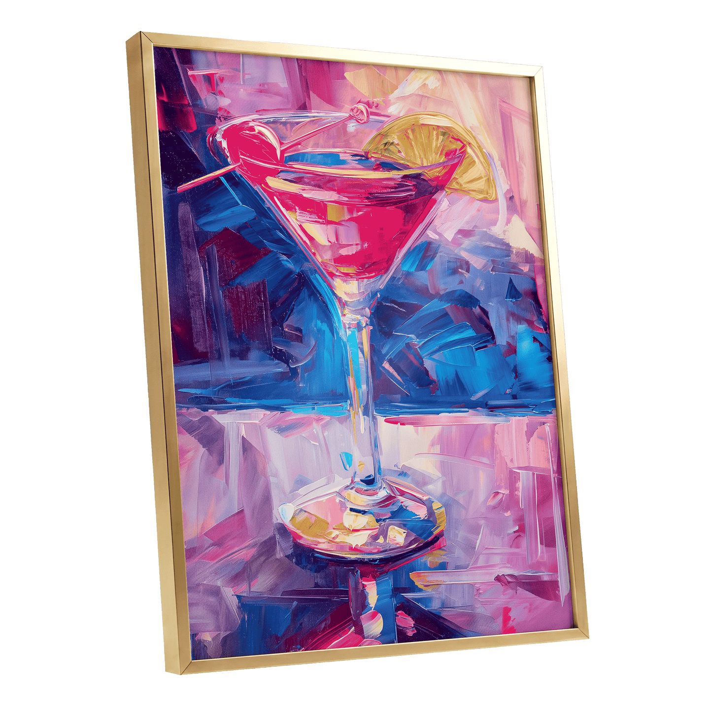 Electric Citrus Cocktail, pink, blue, purple abstract wall art shown as a gold framed poster wall art print