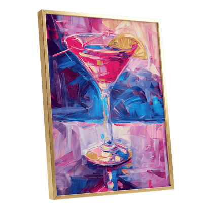 Electric Citrus Cocktail, pink, blue, purple abstract wall art shown as a gold framed poster wall art print