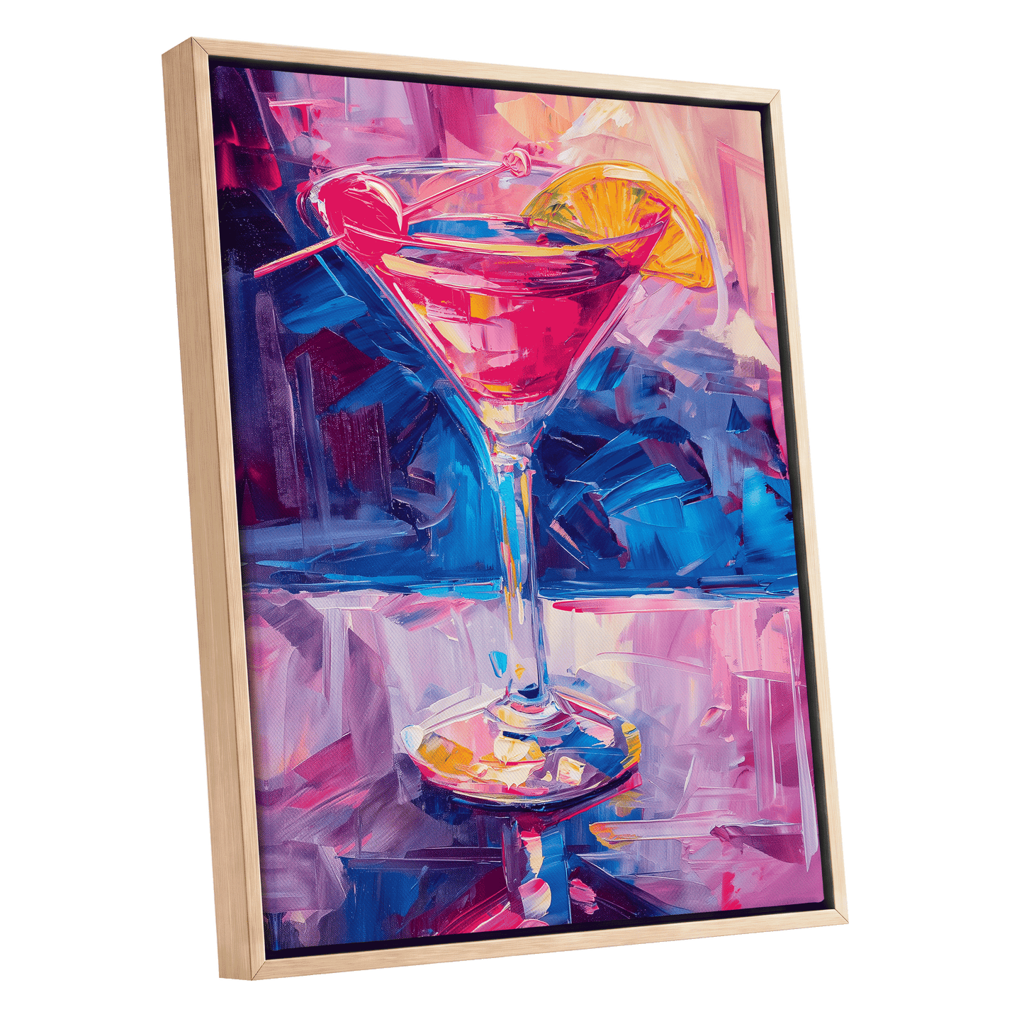 Electric Citrus Cocktail, pink, blue, purple abstract wall art shown as a oak framed canvas wall art