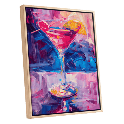 Electric Citrus Cocktail, pink, blue, purple abstract wall art shown as a oak framed canvas wall art