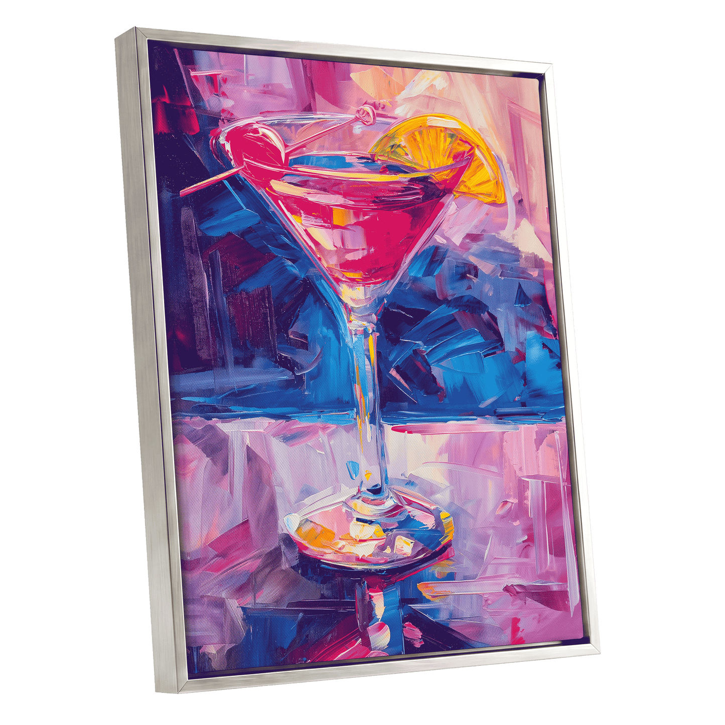 Electric Citrus Cocktail, pink, blue, purple abstract wall art shown as a silver framed canvas wall art