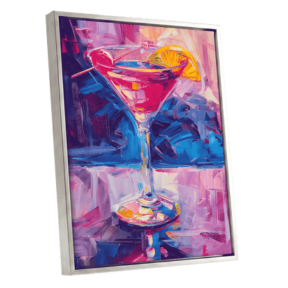 Electric Citrus Cocktail, pink, blue, purple abstract wall art shown as a silver framed canvas wall art