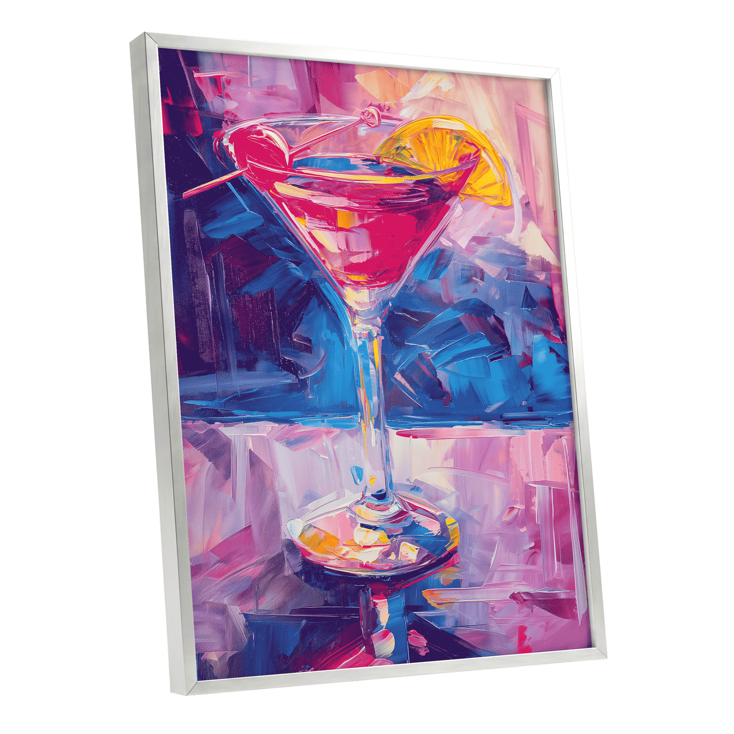 Electric Citrus Cocktail, pink, blue, purple abstract wall art shown as a silver framed poster wall art print