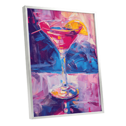 Electric Citrus Cocktail, pink, blue, purple abstract wall art shown as a silver framed poster wall art print