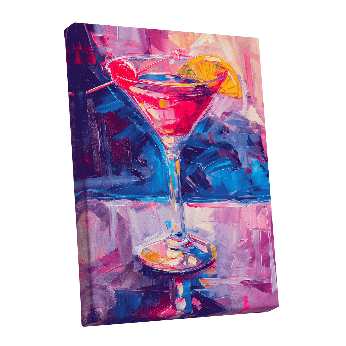 Electric Citrus Cocktail, pink, blue, purple abstract wall art shown as a stretched canvas wall art