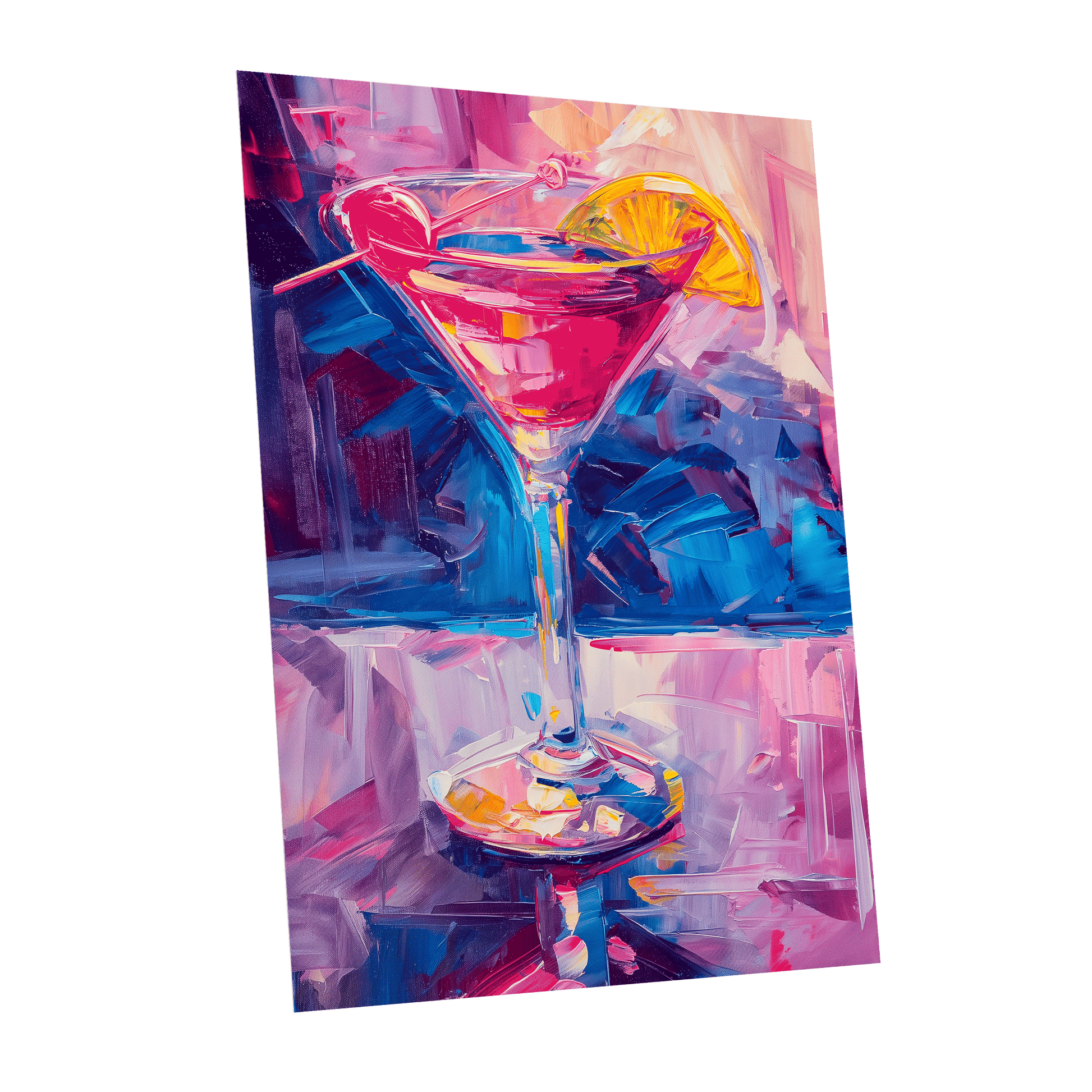 Electric Citrus Cocktail, pink, blue, purple abstract wall art shown as a unframed poster wall art print