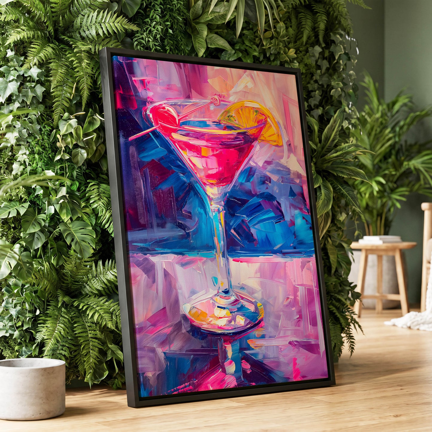 Electric Citrus Cocktail, pink, blue, purple abstract wall art displayed in a styled interior, gallery view 1