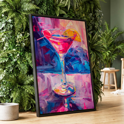 Electric Citrus Cocktail, pink, blue, purple abstract wall art displayed in a styled interior, gallery view 1