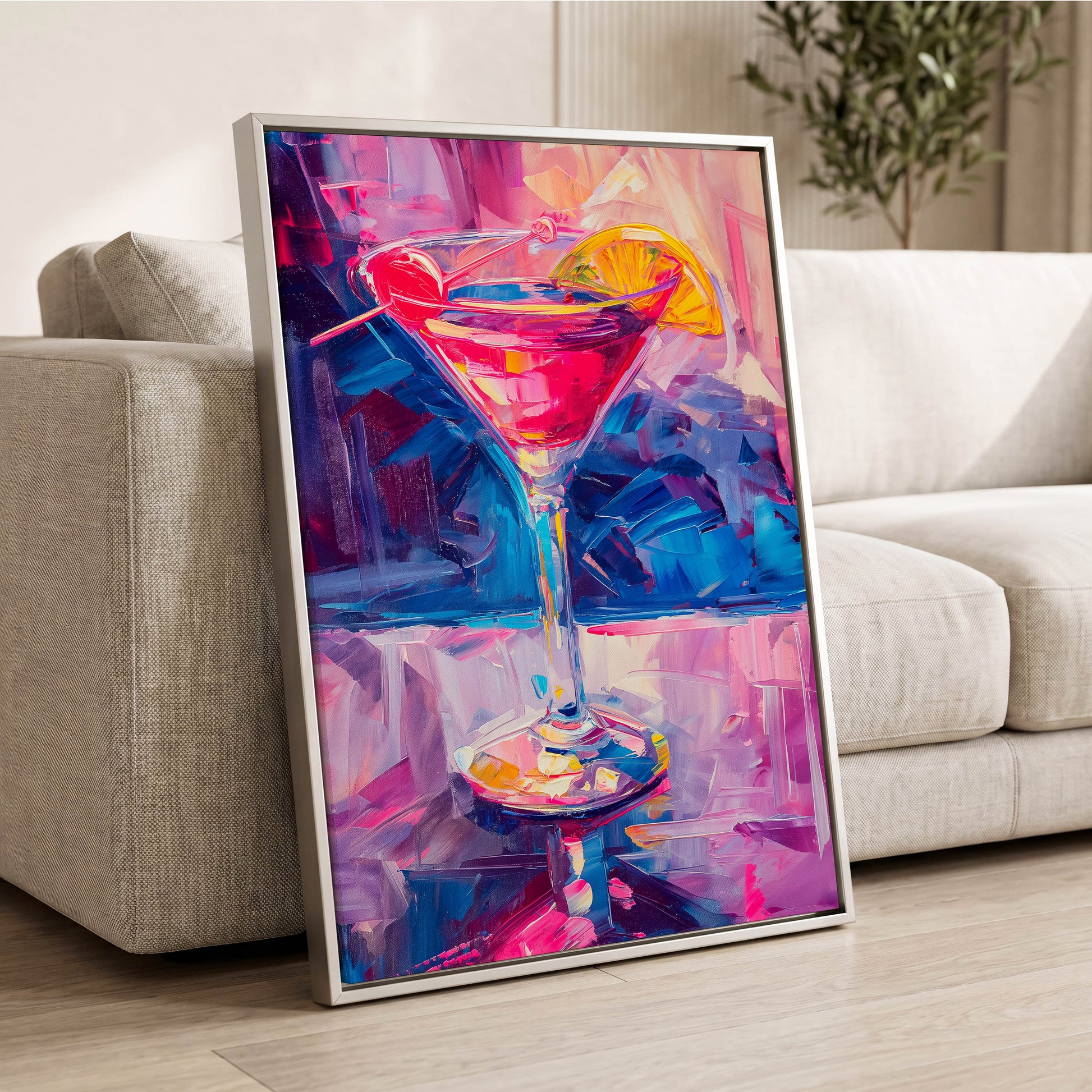 Electric Citrus Cocktail, pink, blue, purple abstract wall art displayed in a styled interior, gallery view 2