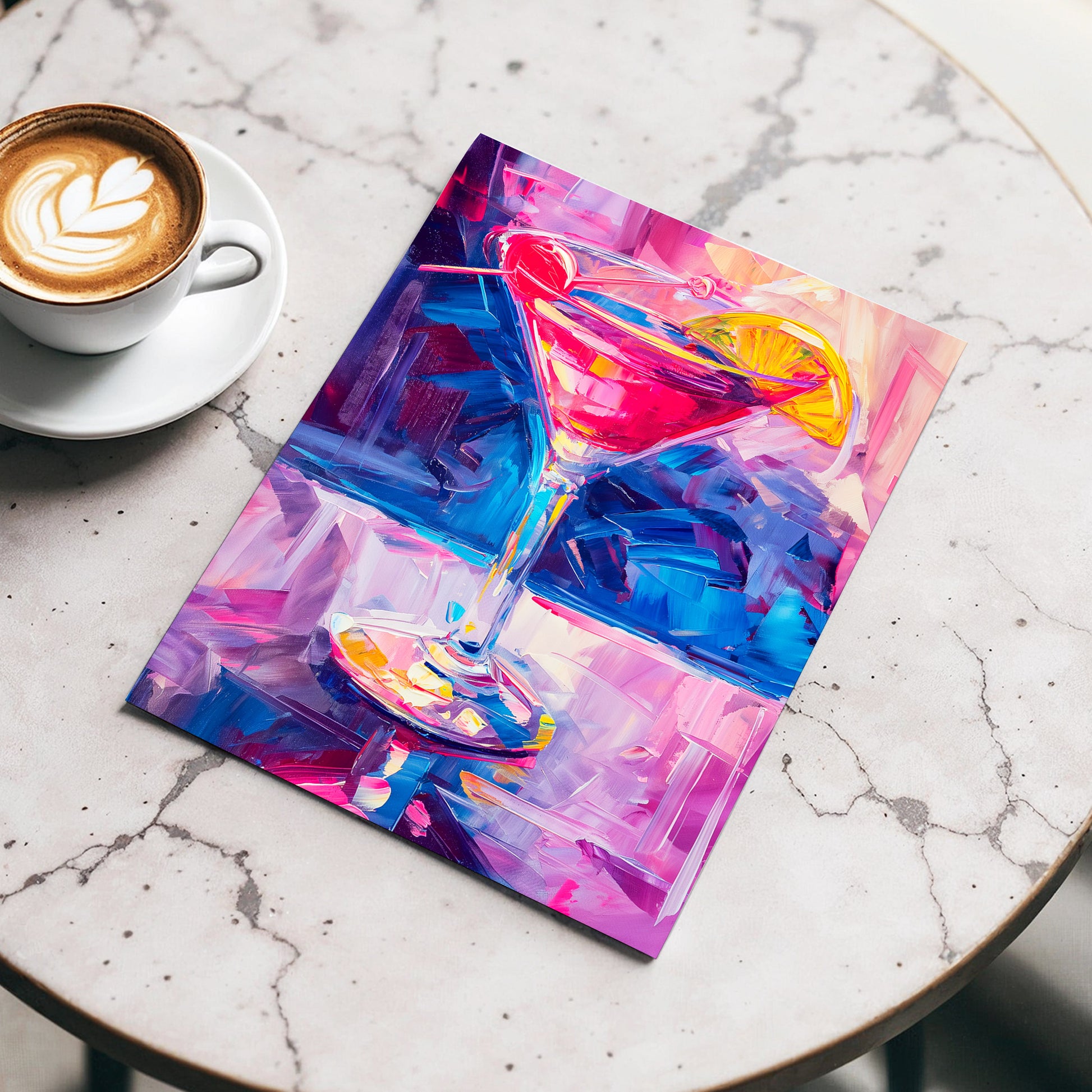 Electric Citrus Cocktail, pink, blue, purple abstract wall art displayed in a styled interior, gallery view 3