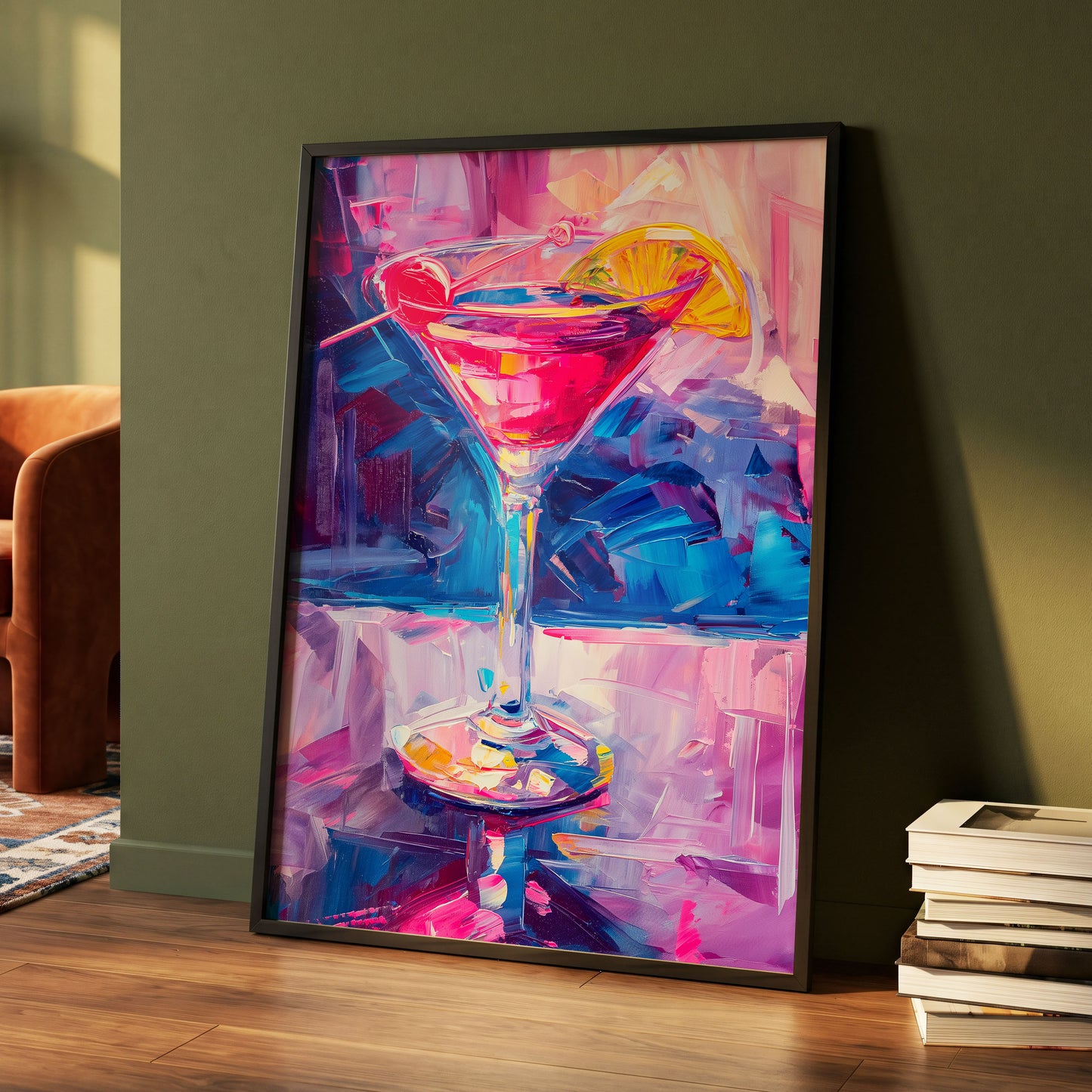 Electric Citrus Cocktail, pink, blue, purple abstract wall art displayed in a styled interior, gallery view 4