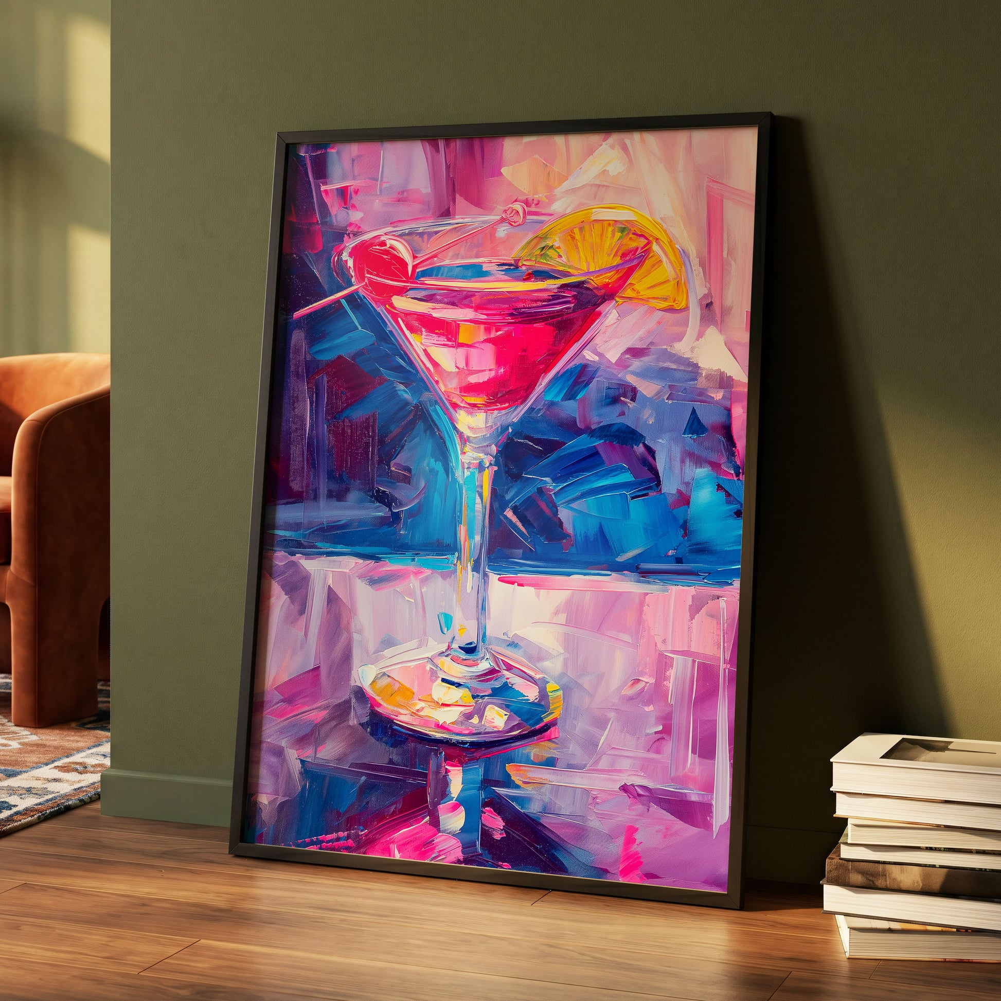 Electric Citrus Cocktail, pink, blue, purple abstract wall art displayed in a styled interior, gallery view 4