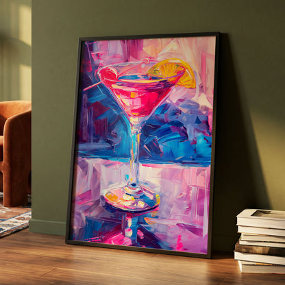 Electric Citrus Cocktail, pink, blue, purple abstract wall art displayed in a styled interior, gallery view 4