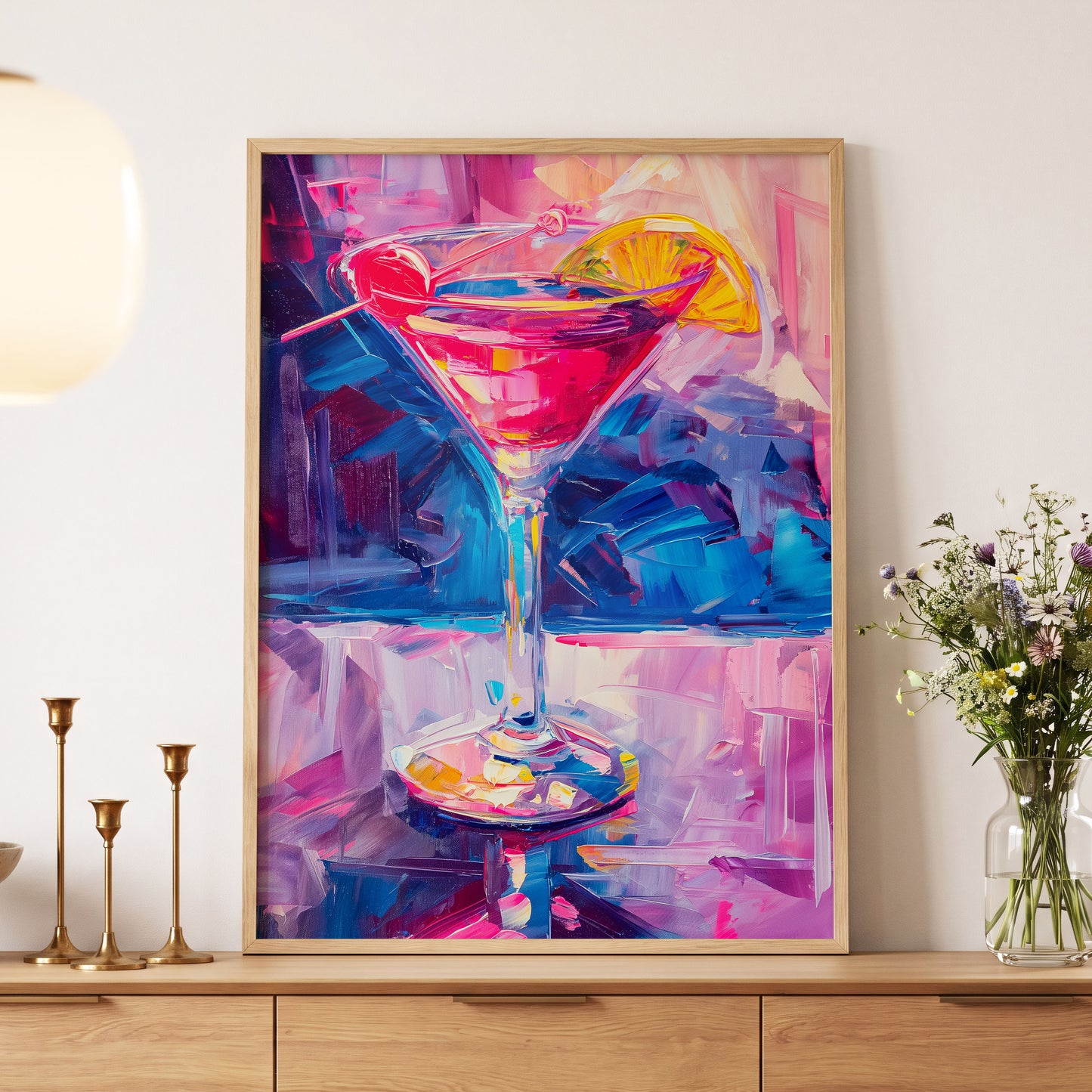 Electric Citrus Cocktail, pink, blue, purple abstract wall art displayed in a styled interior, gallery view 5