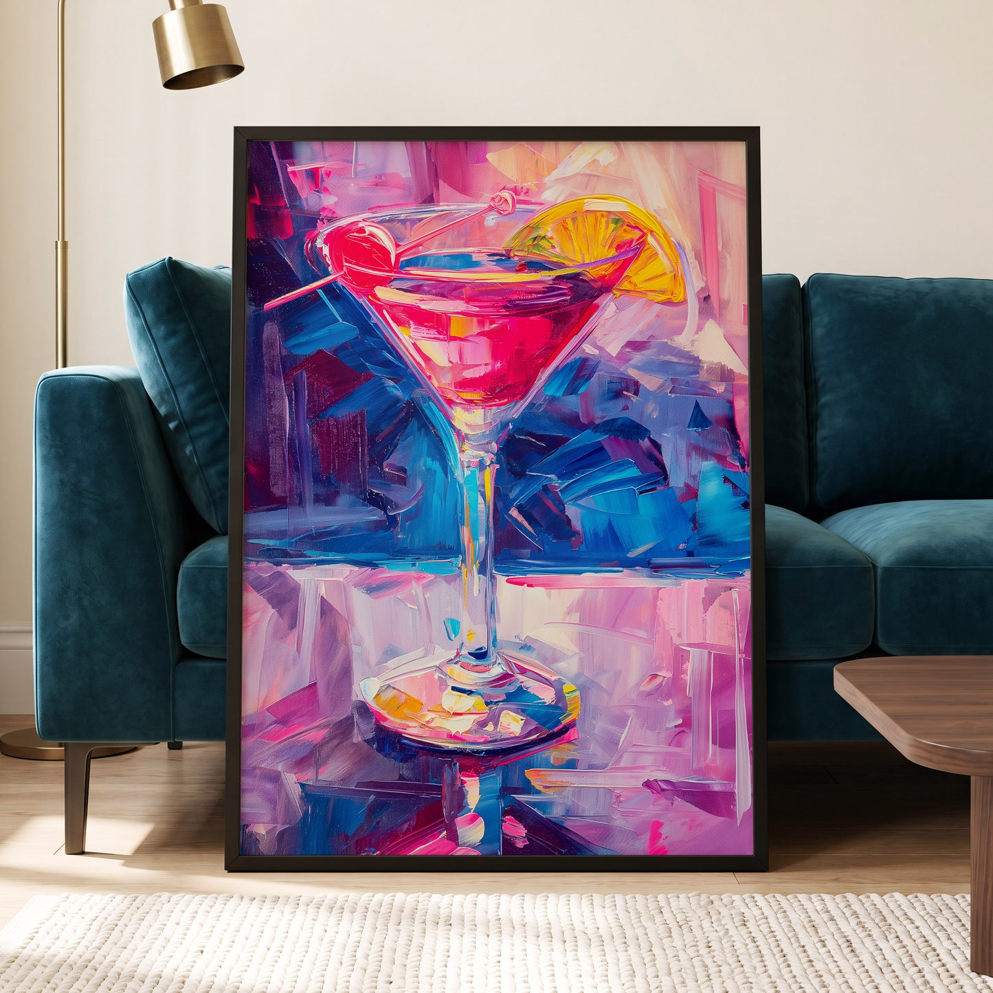 Electric Citrus Cocktail, pink, blue, purple abstract wall art displayed in a styled interior, gallery view 6