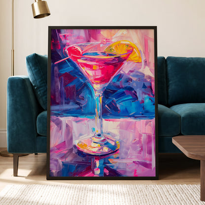 Electric Citrus Cocktail, pink, blue, purple abstract wall art displayed in a styled interior, gallery view 6