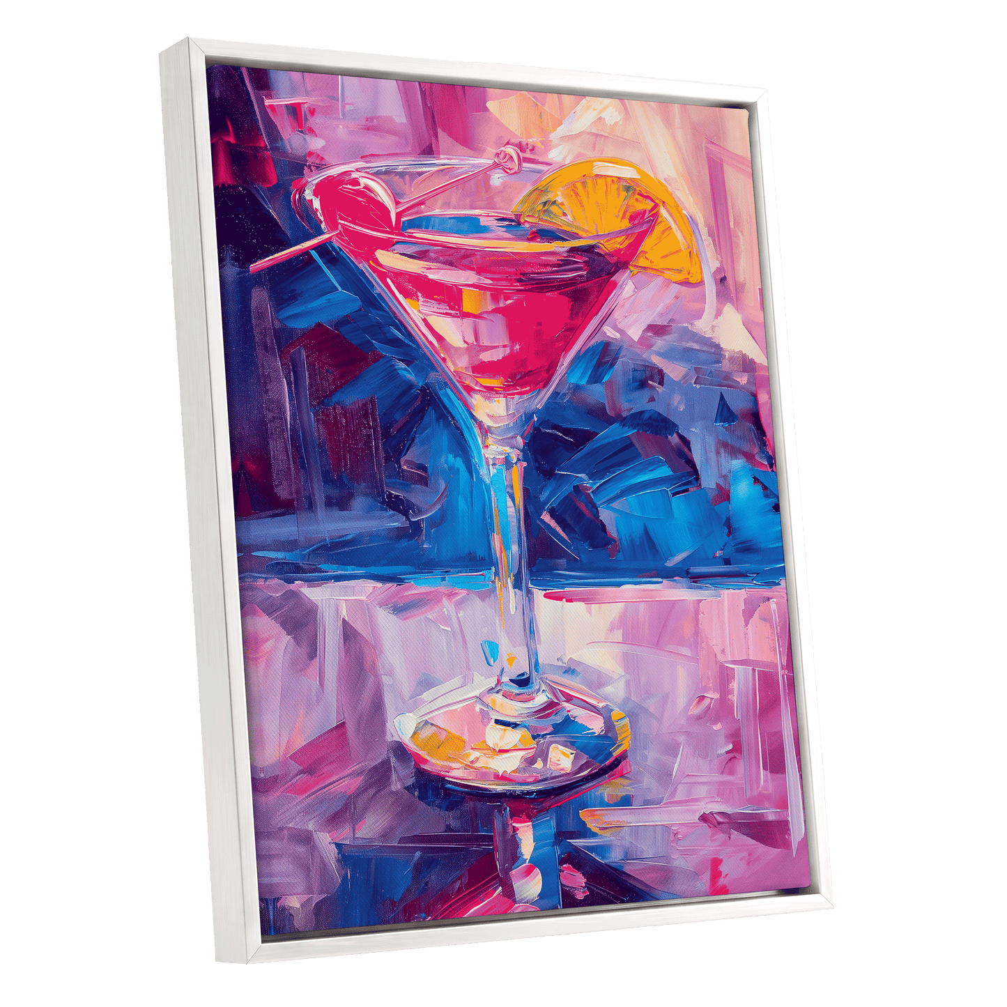 Electric Citrus Cocktail, pink, blue, purple abstract wall art shown as a white framed canvas wall art