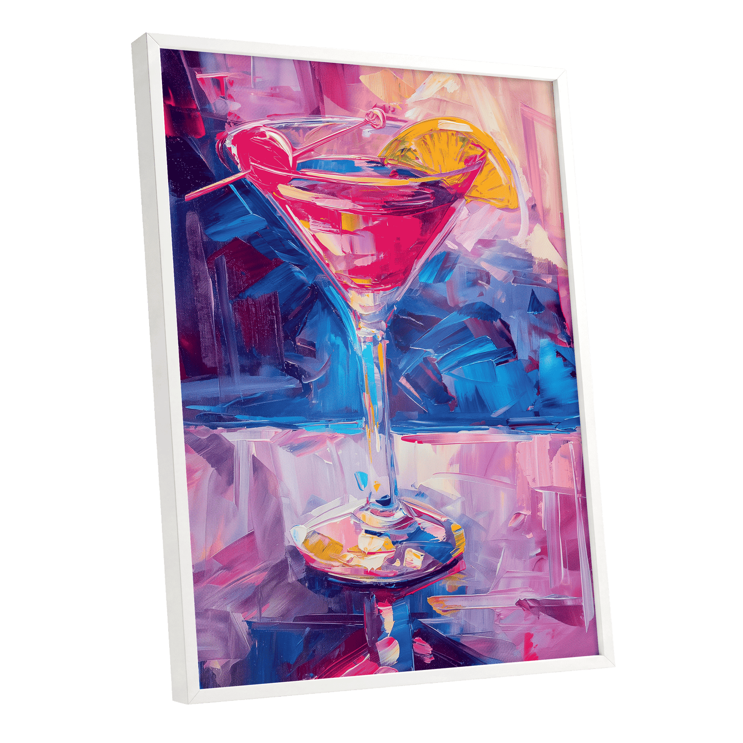 Electric Citrus Cocktail, pink, blue, purple abstract wall art shown as a white framed poster wall art print