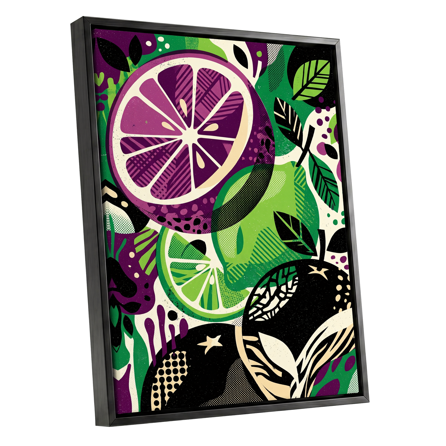 Electric Citrus Grove, black, green, purple nature wall art shown as a black framed canvas wall art