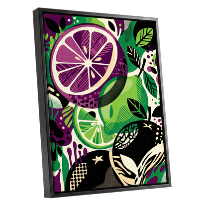 Electric Citrus Grove, black, green, purple nature wall art shown as a black framed canvas wall art