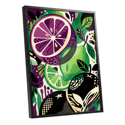 Electric Citrus Grove, black, green, purple nature wall art shown as a black framed poster wall art print