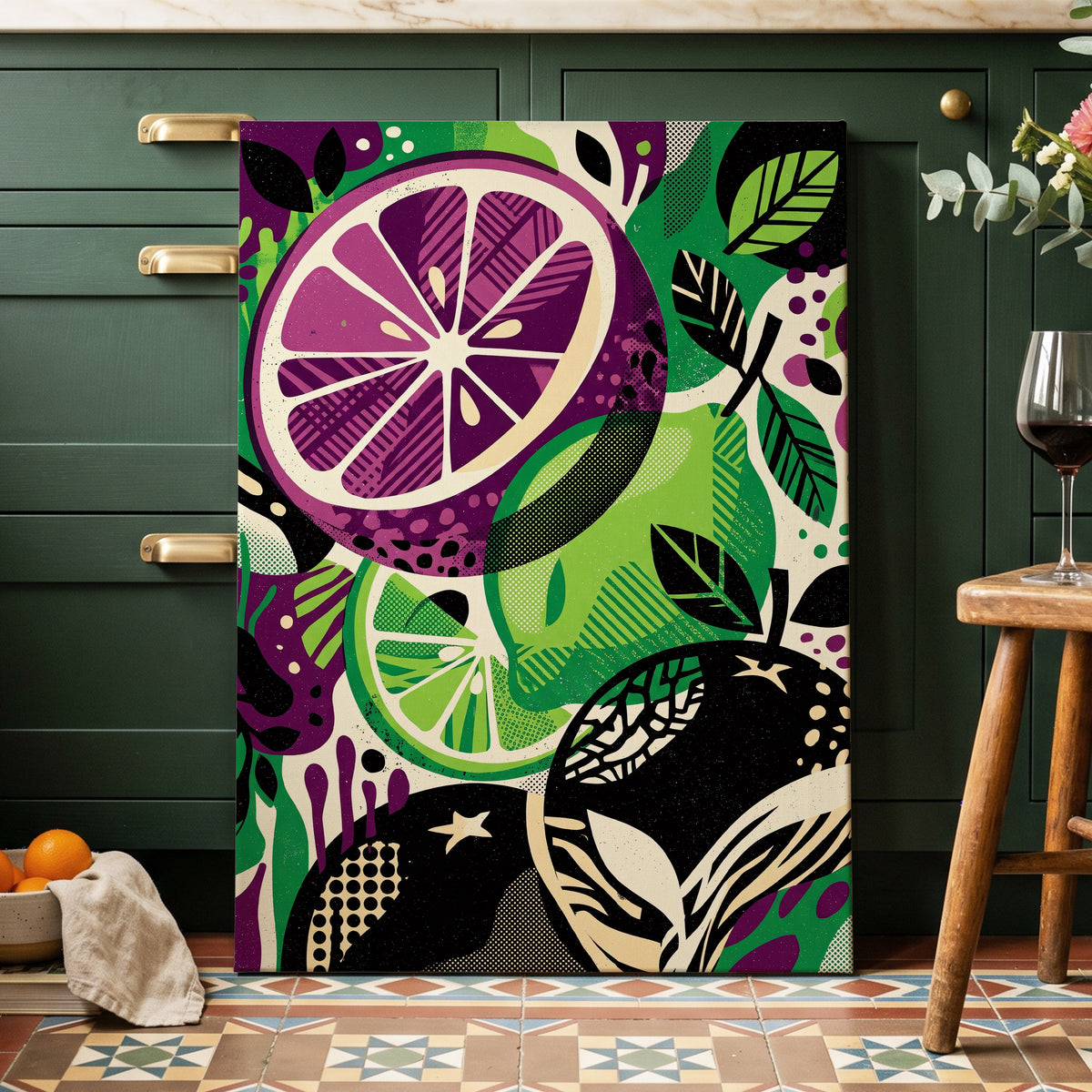 Electric Citrus Grove, black, green, purple nature wall art on canvas displayed in a styled interior, gallery view 1