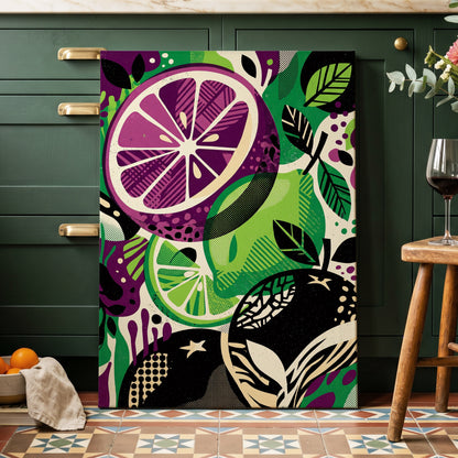 Electric Citrus Grove, black, green, purple nature wall art on canvas displayed in a styled interior, gallery view 1