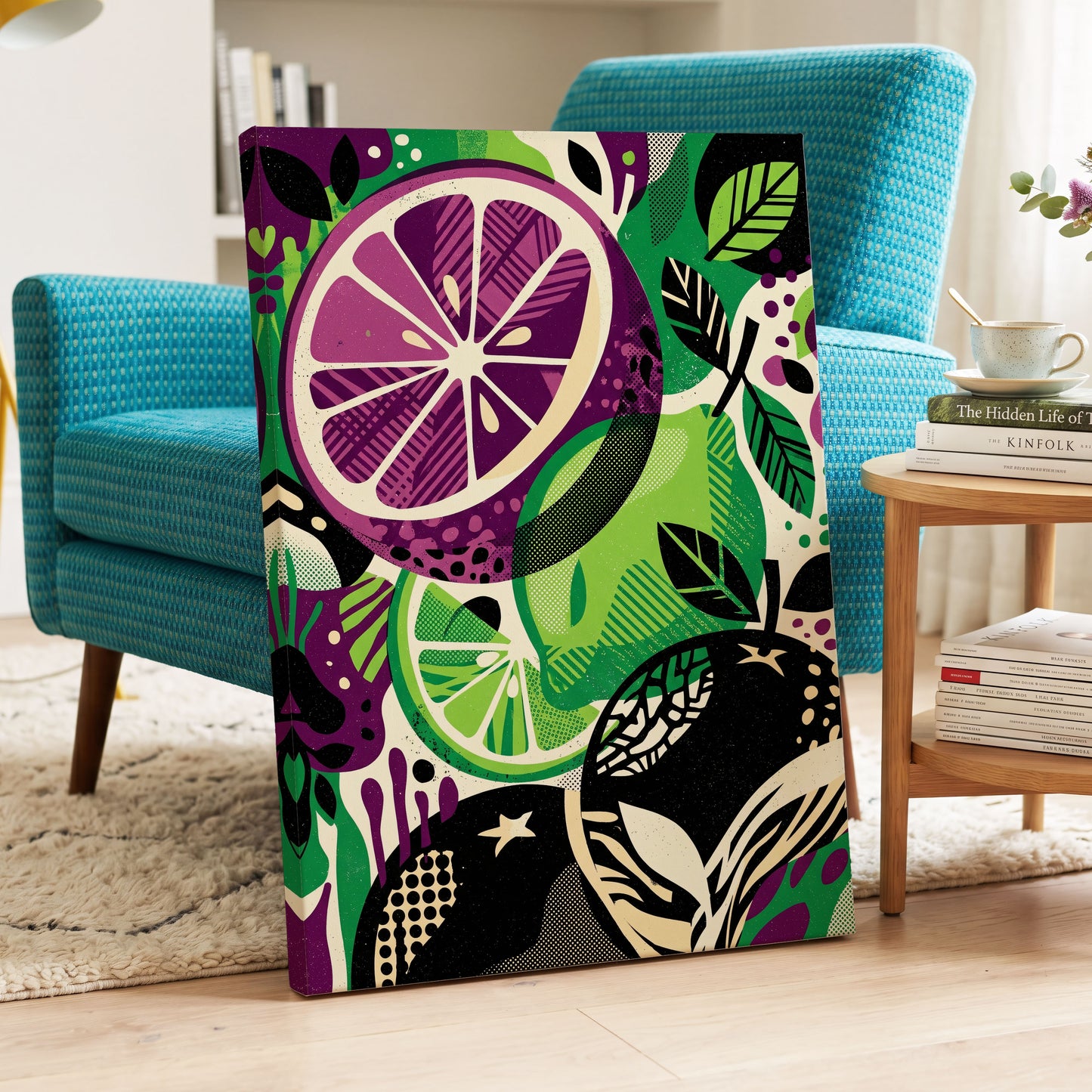 Electric Citrus Grove, black, green, purple nature wall art on canvas displayed in a styled interior, gallery view 2
