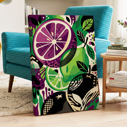 Electric Citrus Grove, black, green, purple nature wall art on canvas displayed in a styled interior, gallery view 2