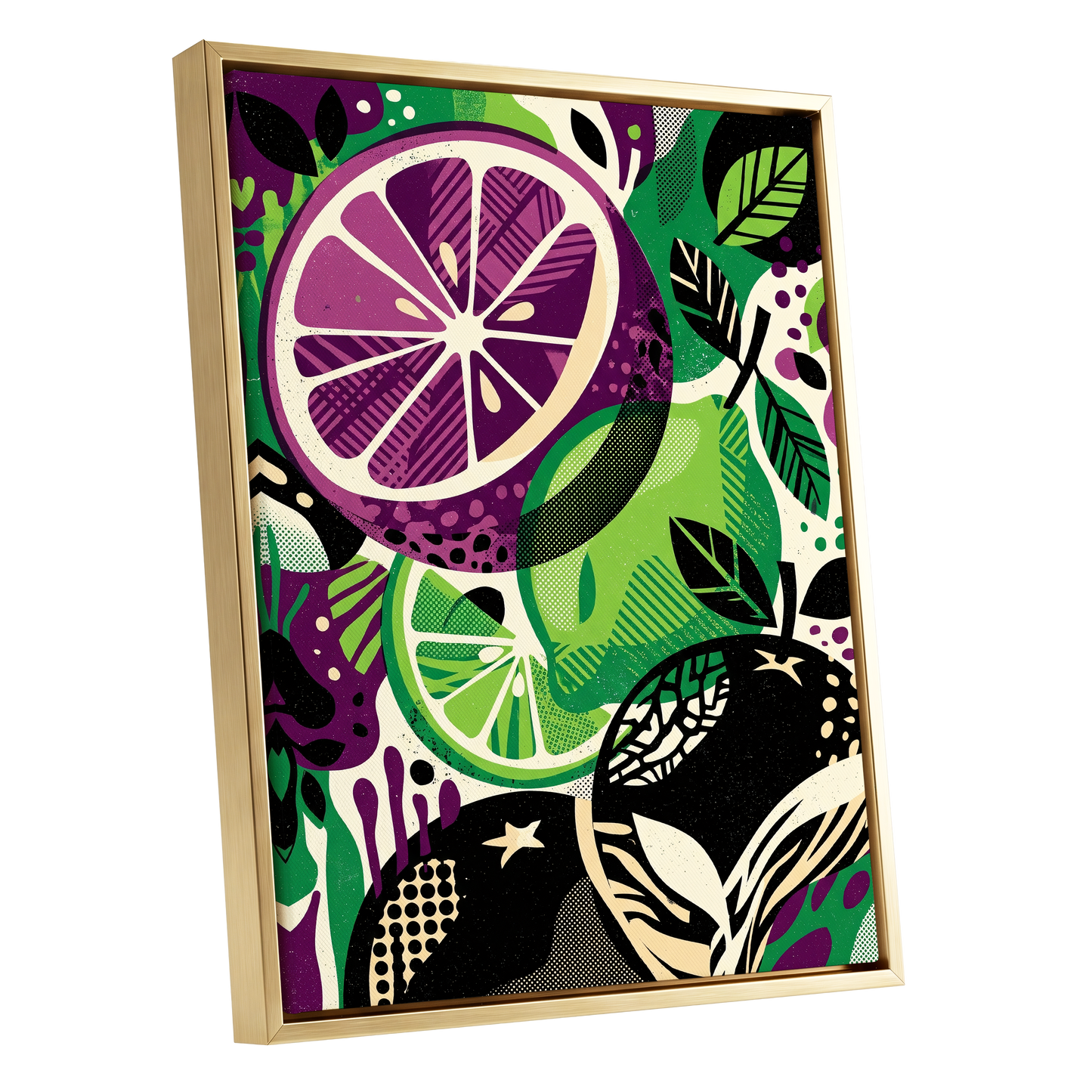 Electric Citrus Grove, black, green, purple nature wall art shown as a gold framed canvas wall art