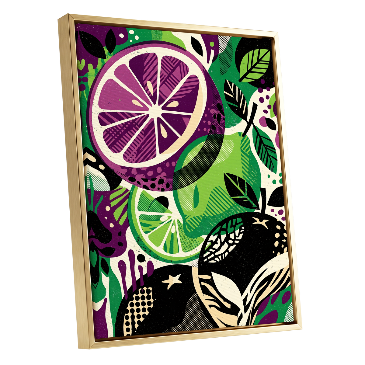 Electric Citrus Grove, black, green, purple nature wall art shown as a gold framed canvas wall art